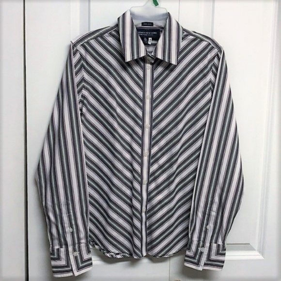 Jones Multi Color Stripe Collar Long Sleeve Cotton Button Up Top Size PS - Picture 1 of 4